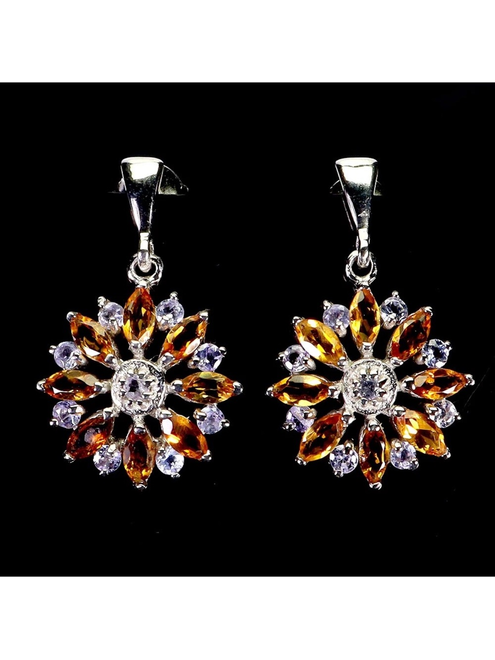 Stunning Natural Amber Citrine, Tanzanite Botanical Earrings 925 Sterling Silver